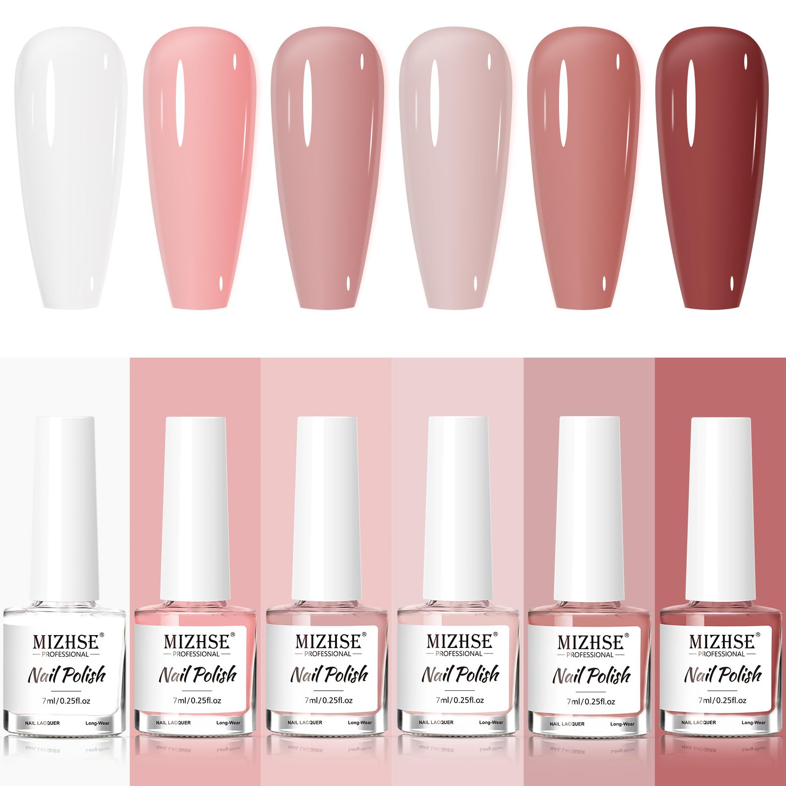 MIZHSE Quick Dry Nail Polish Set: 6 Classic Nude Colors Collection Milky White Nude Pink, Regular Nail Lacquer Fingernail Manicure DIY Nail Art Salon