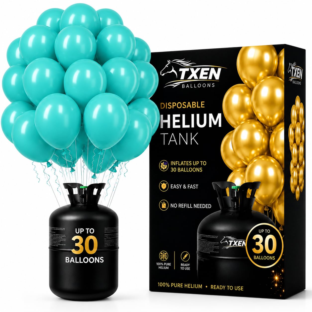 TXEN Disposable Helium Tank 7L with Aqua Blue Balloons, Fills Up to 30 Balloons, Portable Helium Gas Cylinder for Birthday Party, Wedding, Baby Shower & Event Decoration