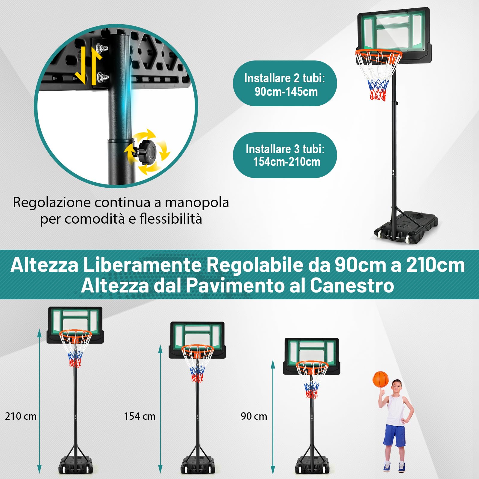 COSTWAY Canestro Basket Bambini, Canestro da Basket Esterno ed Interno Portatile e Regolabile in Altezza 90-210cm, con Ruote, Tabellone Infrangibile e Incavo per Pallone