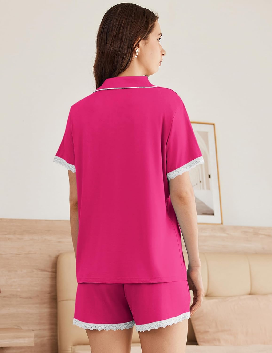Ekouaer Womens Short Sleeve Pajamas Set Soft Sleepwear Button Down Lounge Set Lace Top and Shorts Pj Nightwear - Image 3