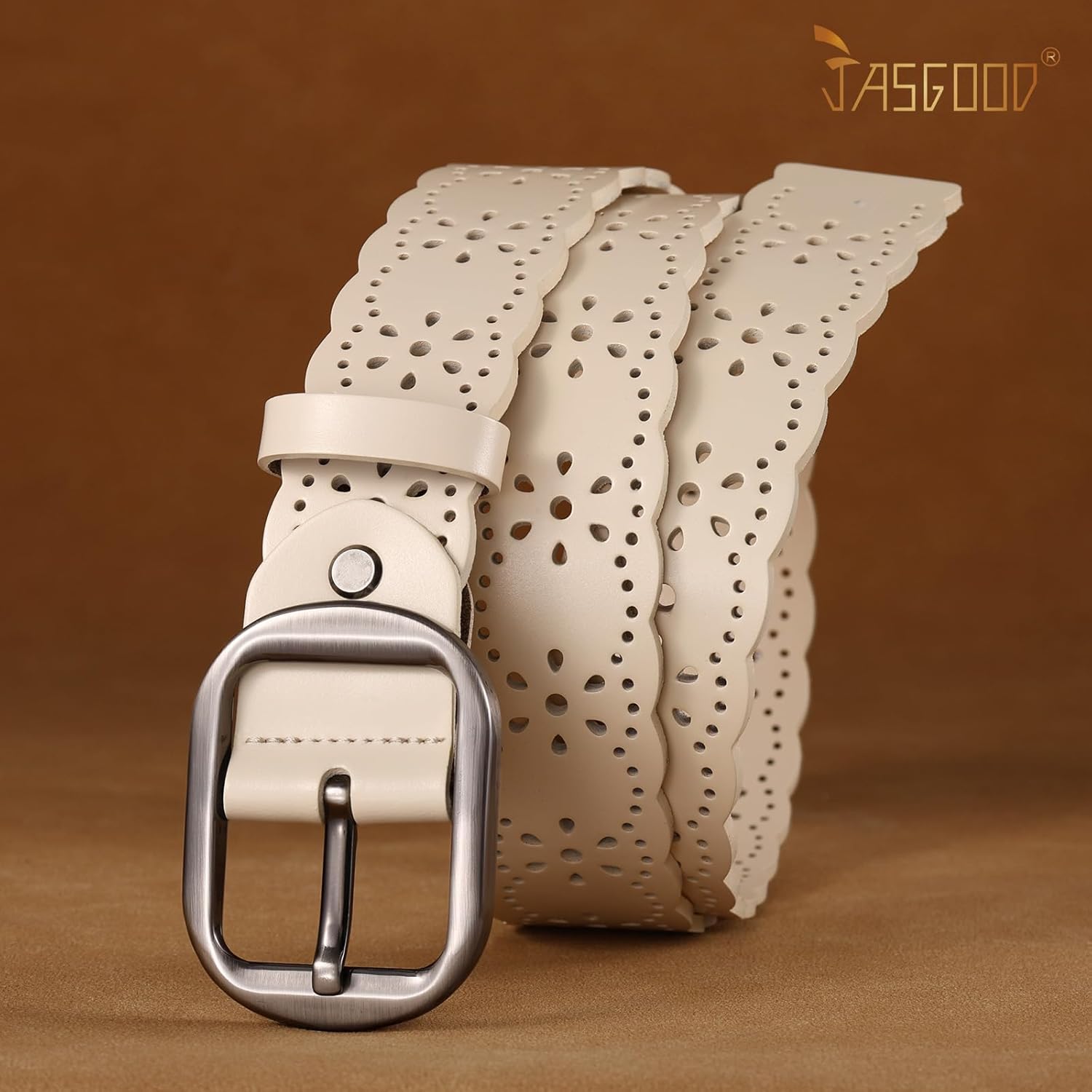 JASGOOD Women's Hollow Flower Genuine Leather Belt for Jeans Pants Wide Belt for Ladies - Image 6