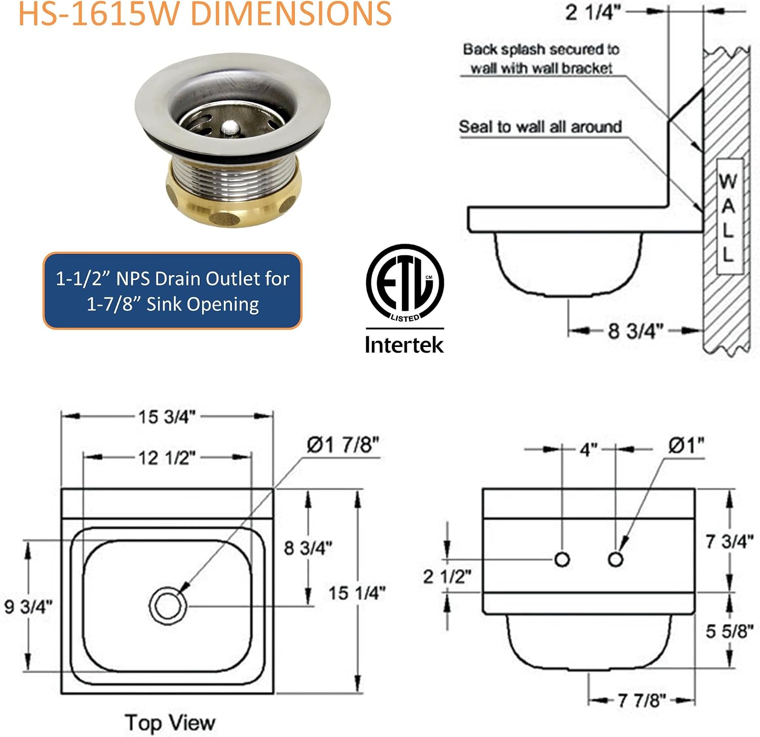 GSW HS-1615W Standard 16" x 15" Commercial Stainless Steel Wall Mount Hand Sink with 4" Gooseneck Faucet for Restaurants, Kitchens, Garages, Bars