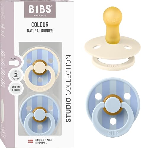 BIBS Pacifiers - Colour Studio 2 Pack | Round Nipple Baby Pacifier | BPA Free Natural Rubber Latex Soother | Made in Denmark | Size 6+ Months | Block Baby Blue Dusty Blue