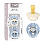 BIBS Pacifiers - Studio 2 Pack | Round Nipple Baby Pacifier | BPA Free Natural Rubber Latex Soother | Made in Denmark | Size 6+ Months | Block Baby Blue Dusty Blue