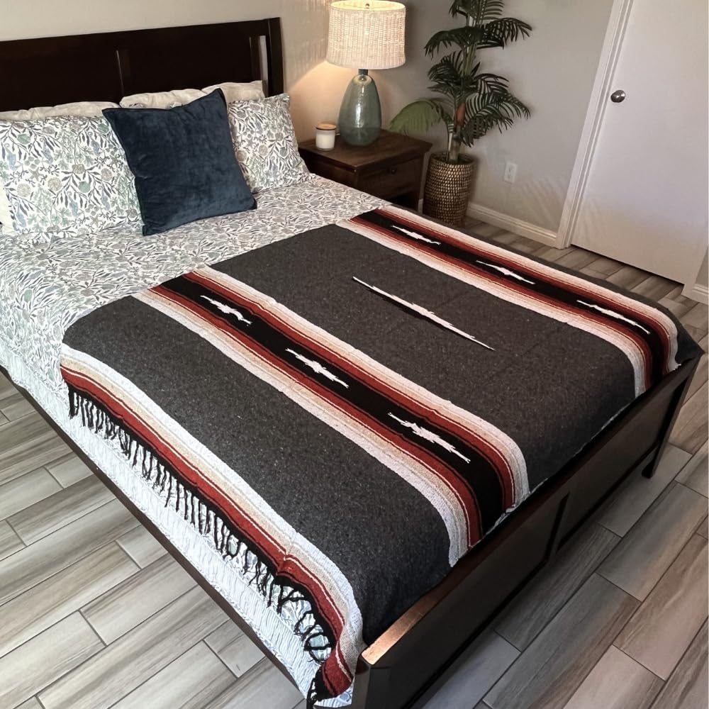 Open Road Goods Charcoal Black Mexican Yoga Blanket - Thick Diamond with Vintage Retro Serape Red Tan Brown and White Stripes - Image 2