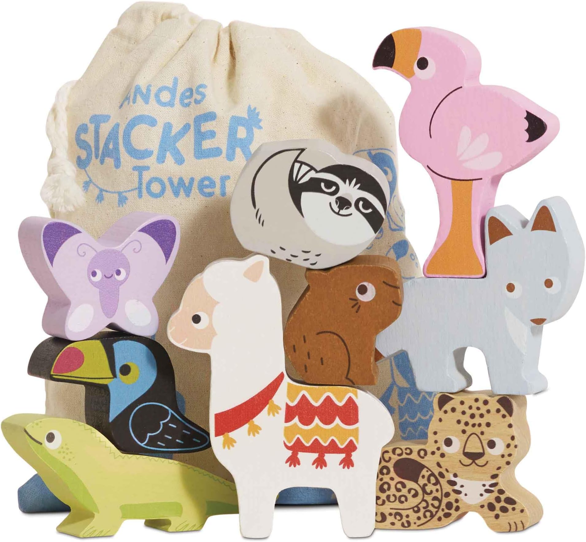 Wooden Toys - Andes Stacking & Bag - Petilou Forest Building Blocks Stacker & Bag Educational Balancing Activity Toy - Wooden Blocks Tropical Animal Toys - Kids Toys Age 18 Months +