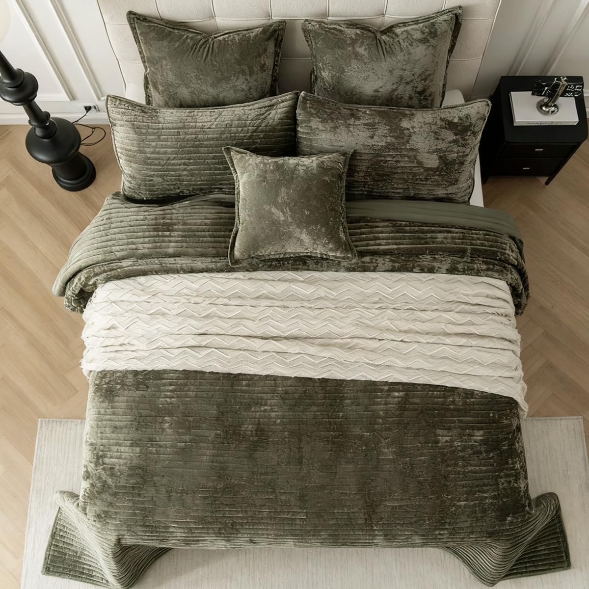 Velvet Oversized King Size Quilt Set 120x128 Soft Striped Bed Cover Set All Seasons Cozy Breathable Bedspread Includes 2 Pillowcases 20×36,Army Green - Image 4