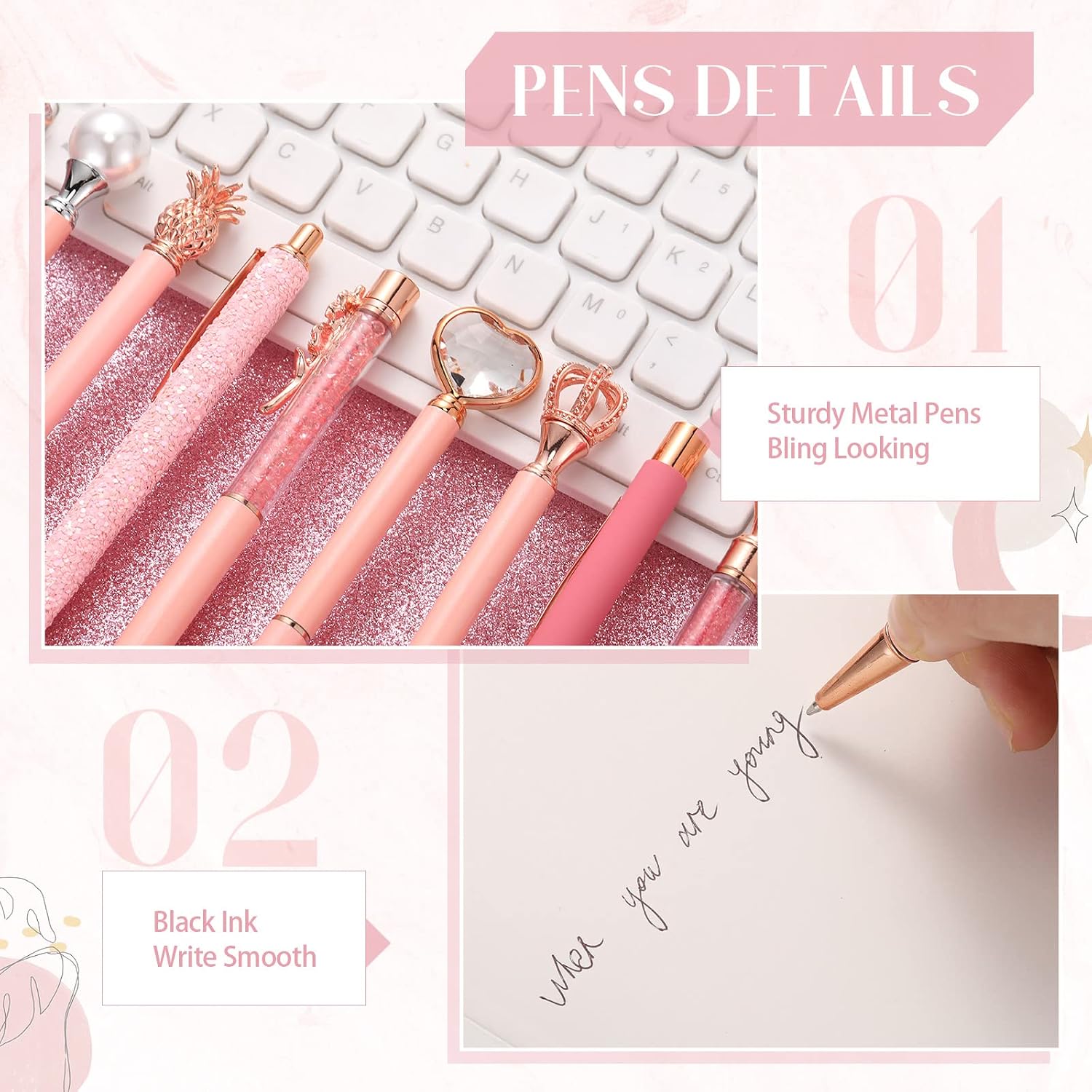 Janmini 9pcs Fancy Ballpoint Pens Glitter Journaling, Light Pink image 3