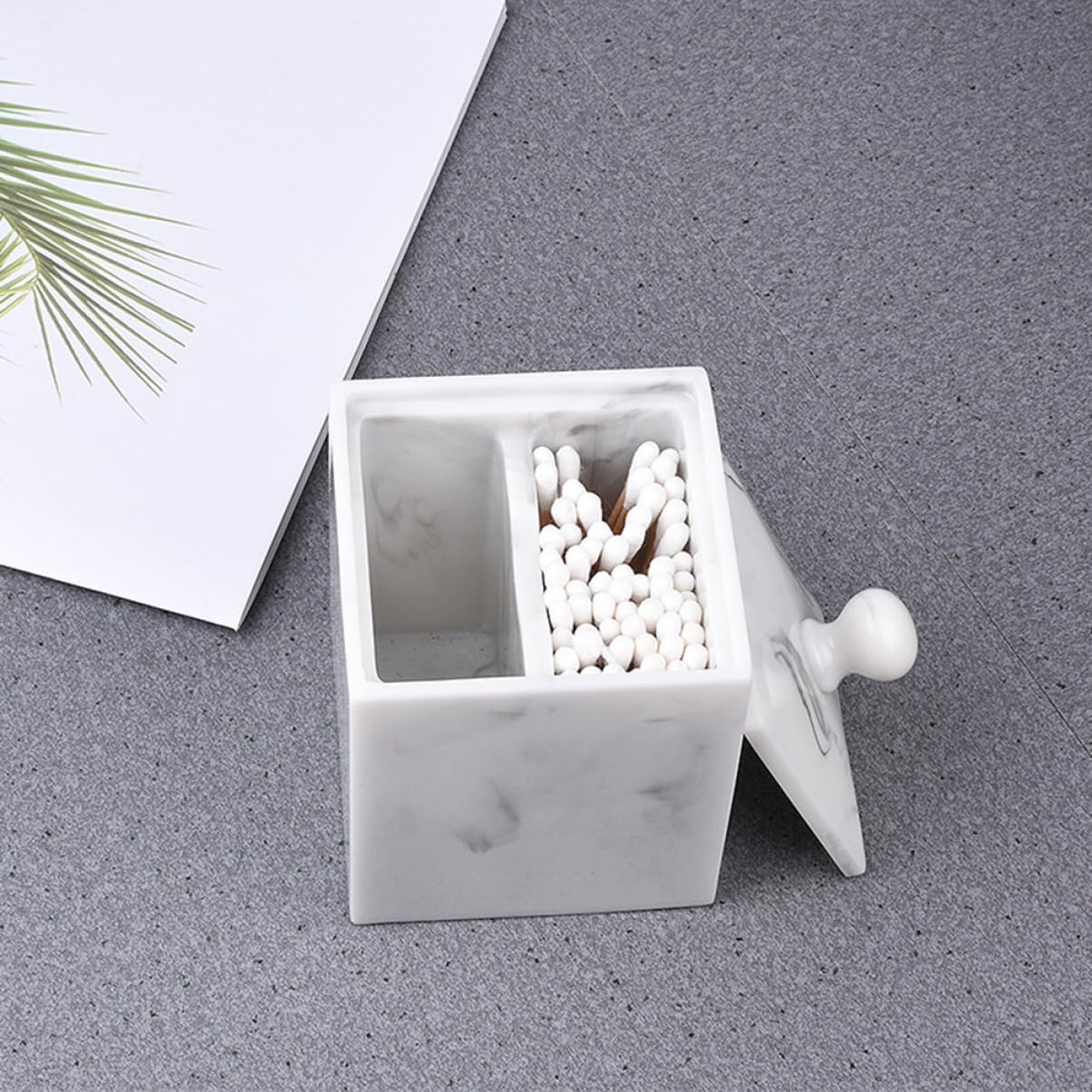 2pcs Cotton Swab Holder Box Makeup Cotton Organizer Resin Marble Grain Pattern Doble Grids Home Decorative Storage Case