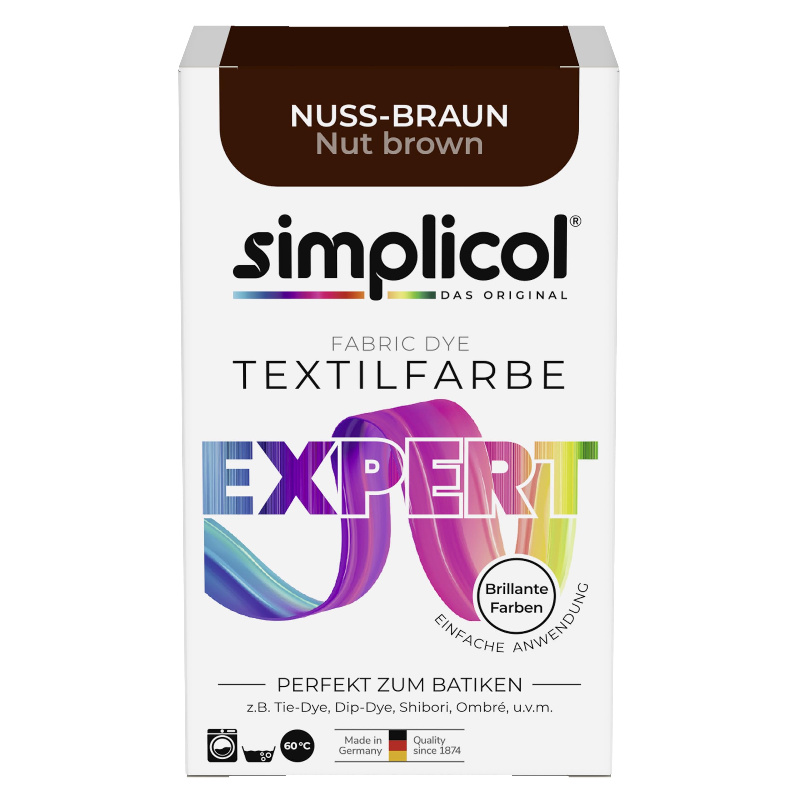 simplicol Textilfarbe expert Nuss-Braun | Perfekt zum Batiken und für kreative DIY-Projekte | Einfache Anwendung | Farbpulver | 150 g