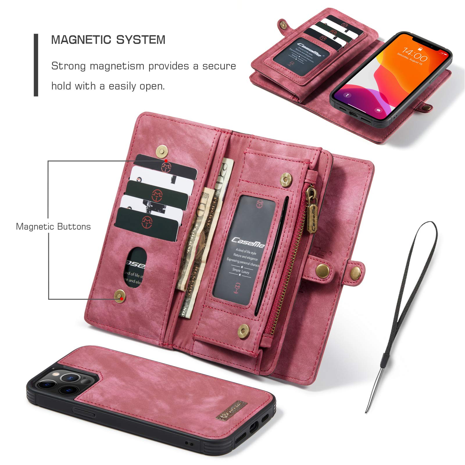 YiMi CaseMe per iPhone 12 PRO Max Custodia, Retro Pelle Custodia Fatto a Mano Staccabile Flip