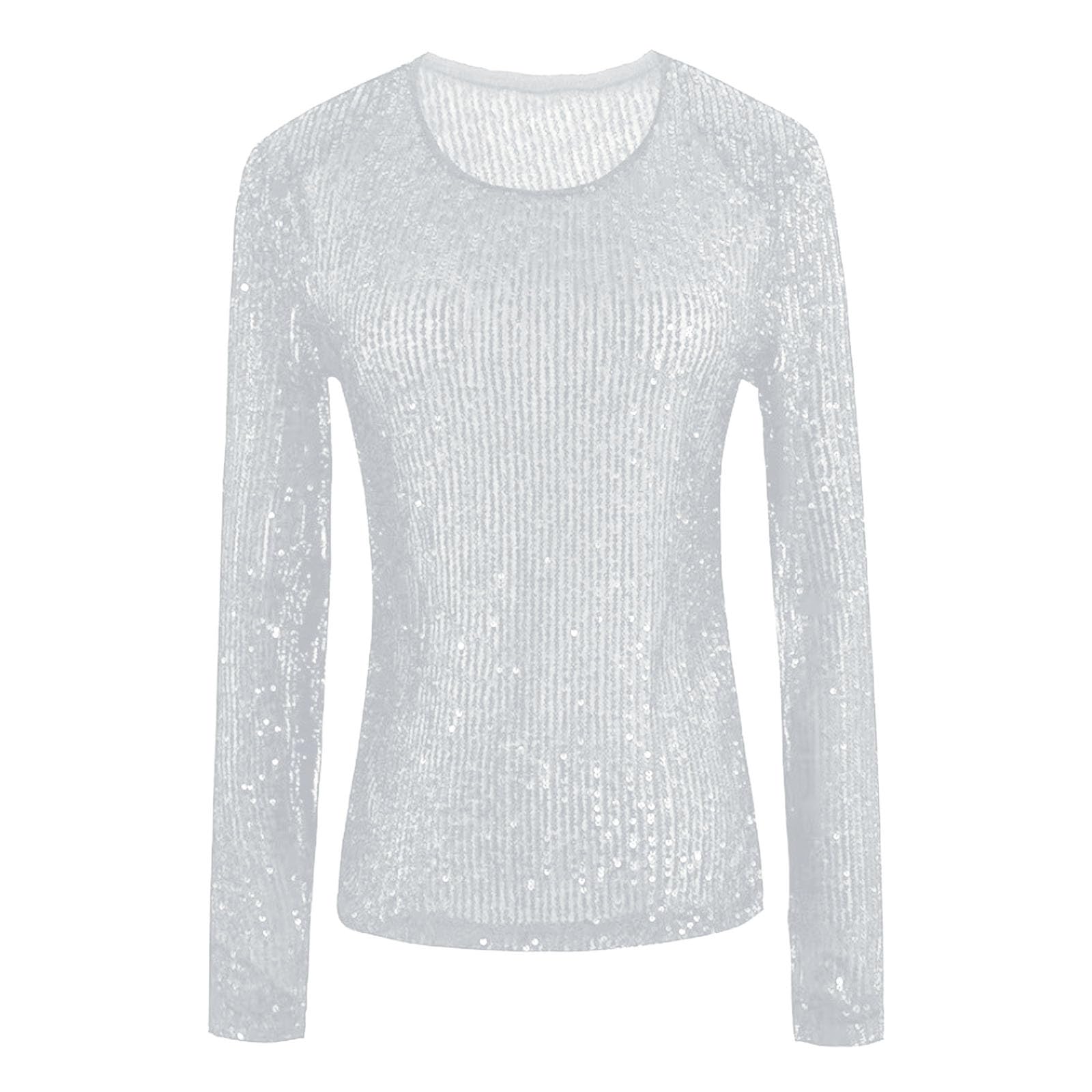 Damen Pailletten Oberteil elegant Oberteile Damen Glitzer top Damen Crop Top Party T Shirt Langarm Hochgeschlossen Glänzendes Pailletten Enges Oberteil -Ausschnitt vorne Elgant Party Top