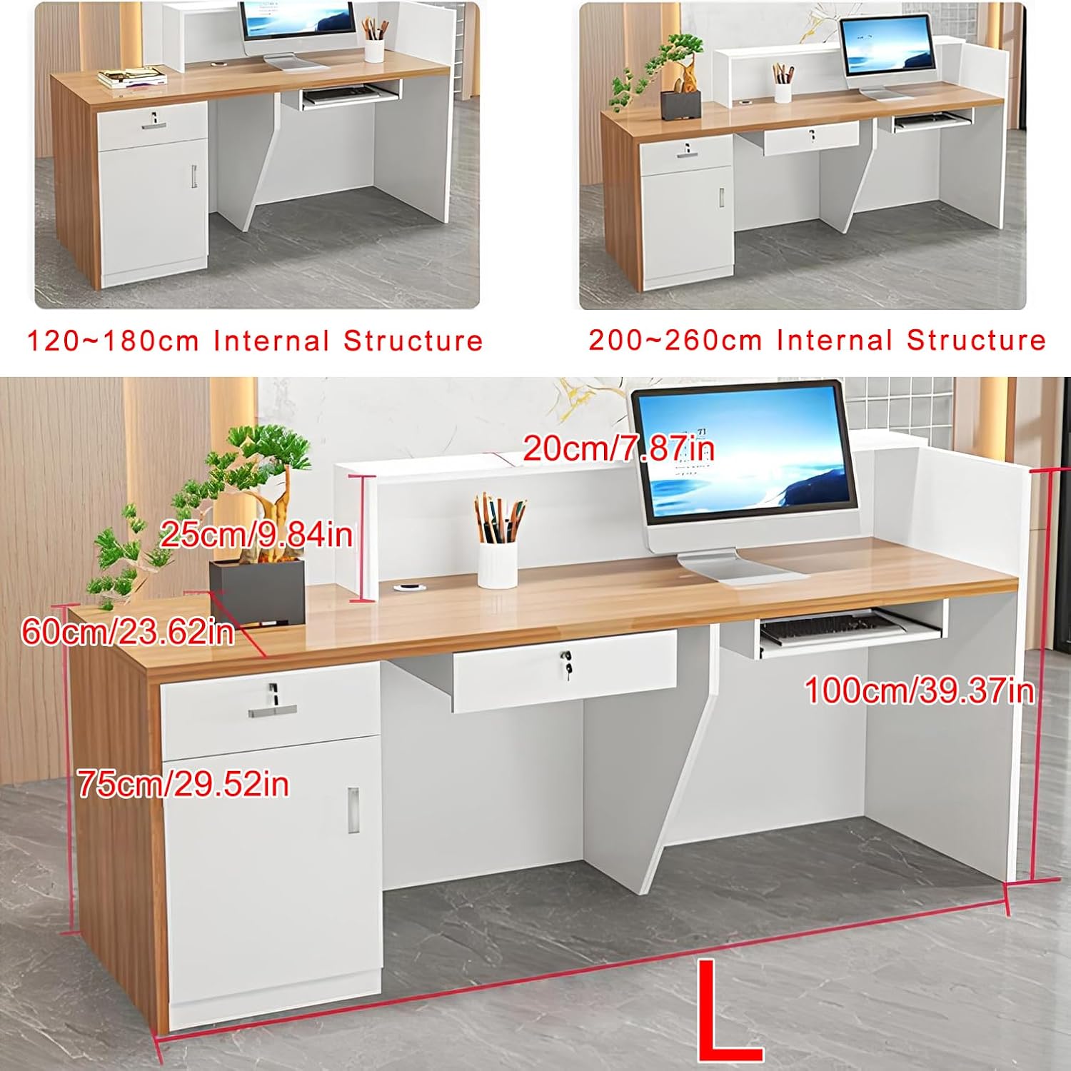 Modern Reception Desk with Counter & Lockable Drawer, Front Desk Reception Counter for Office Retail Store Salon Beauty Shop, Receptionist Wood Checkout Counter Table (White Black - Left, L 63in)