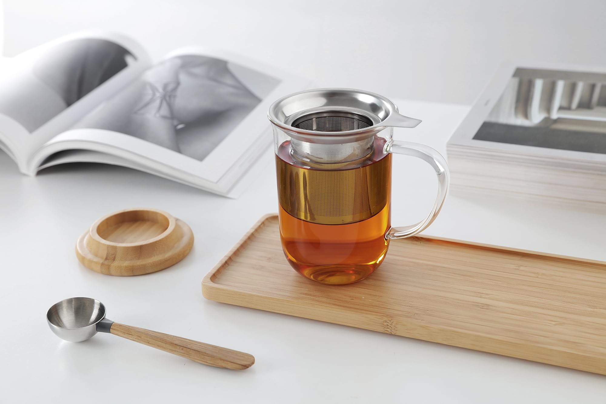 VIVA Minima Balance Glass Infuser Tea Cup - 17 oz / 500 ml Mug with Stainless Steel Infusion Mesh and Bamboo Wood Lid