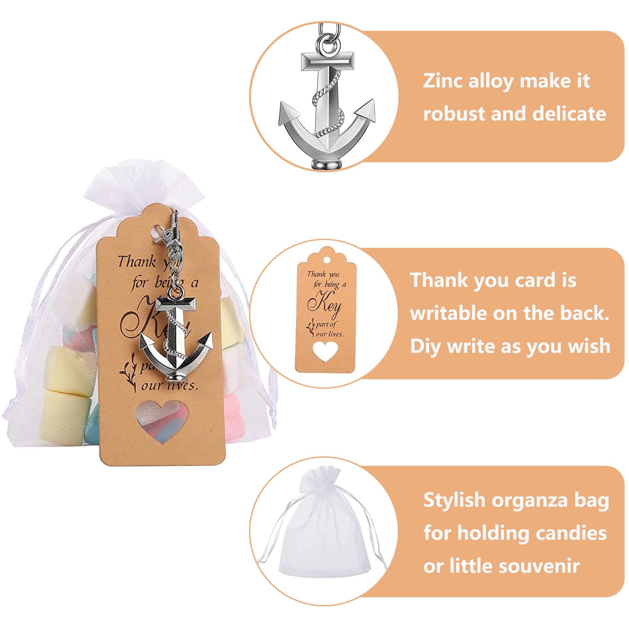 Portachiavi Ciondolo Ancora 12 Pezzi Con Borsa in Organza e Etichetta Kraft Per Bomboniere Comunione, Battesimo, Regali Di Ringraziamento