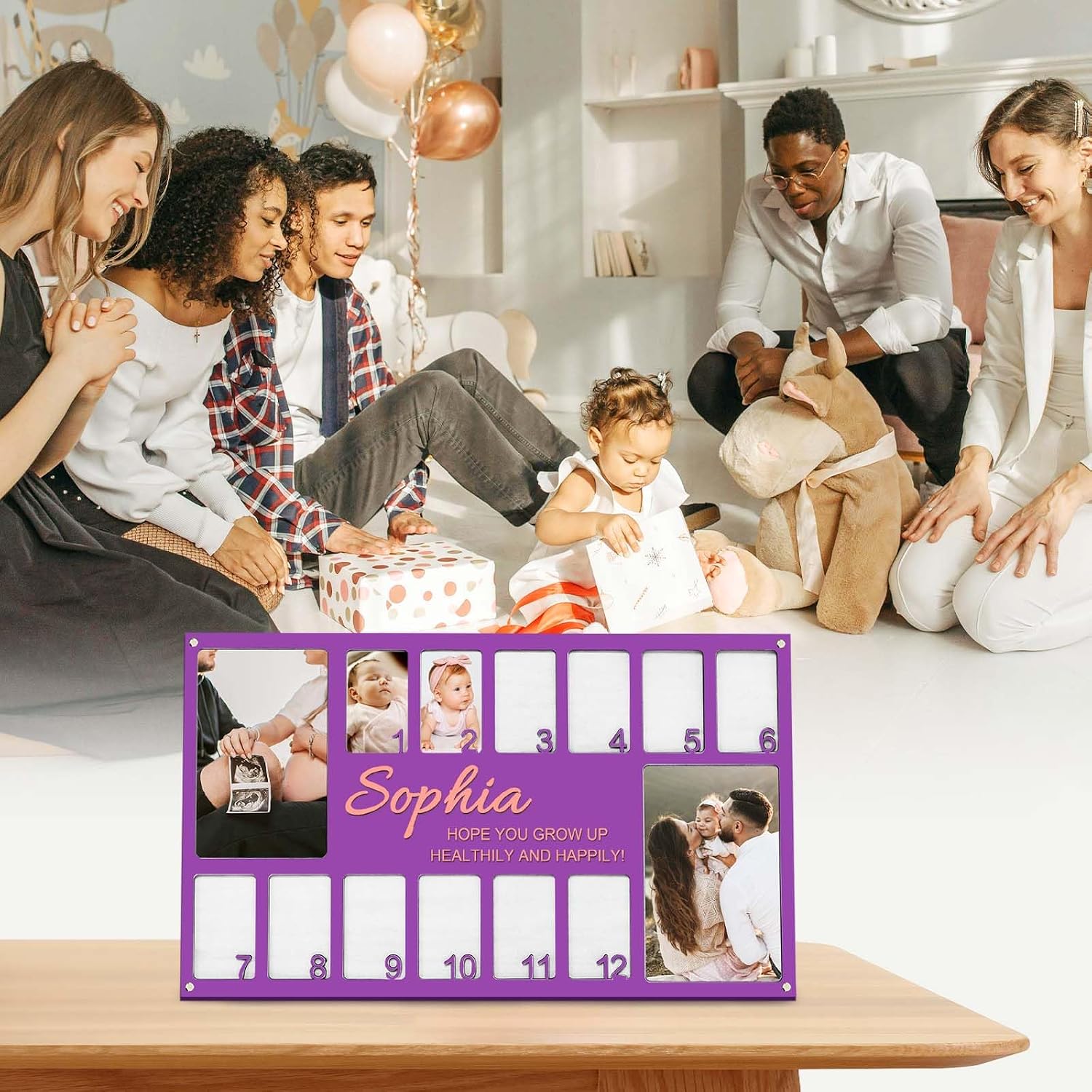 My First Year Photo Frame Personalized Wooden Photo Frame with Baby Name Picture Wood First Year Milestone Photo Frames 12 Monthly Picture Frames 1st Birthday Decorations Baby Keepsake Customized Gift