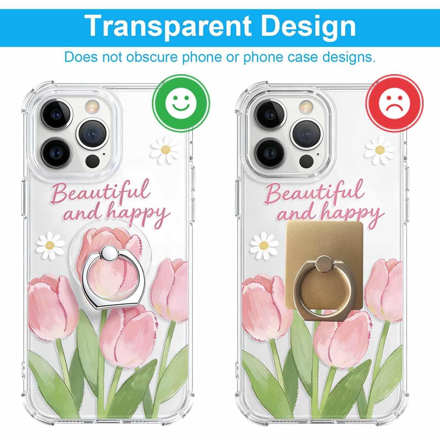 VOVIGGOL Transparent Phone Ring Holder Stand 2 Pcs, 360° Rotation Cell Phone Ring Holder Mobile Finger Kickstand Hand Phone Grip for iPhone, Clear Phone Ring for Phone Case (Round) - 5