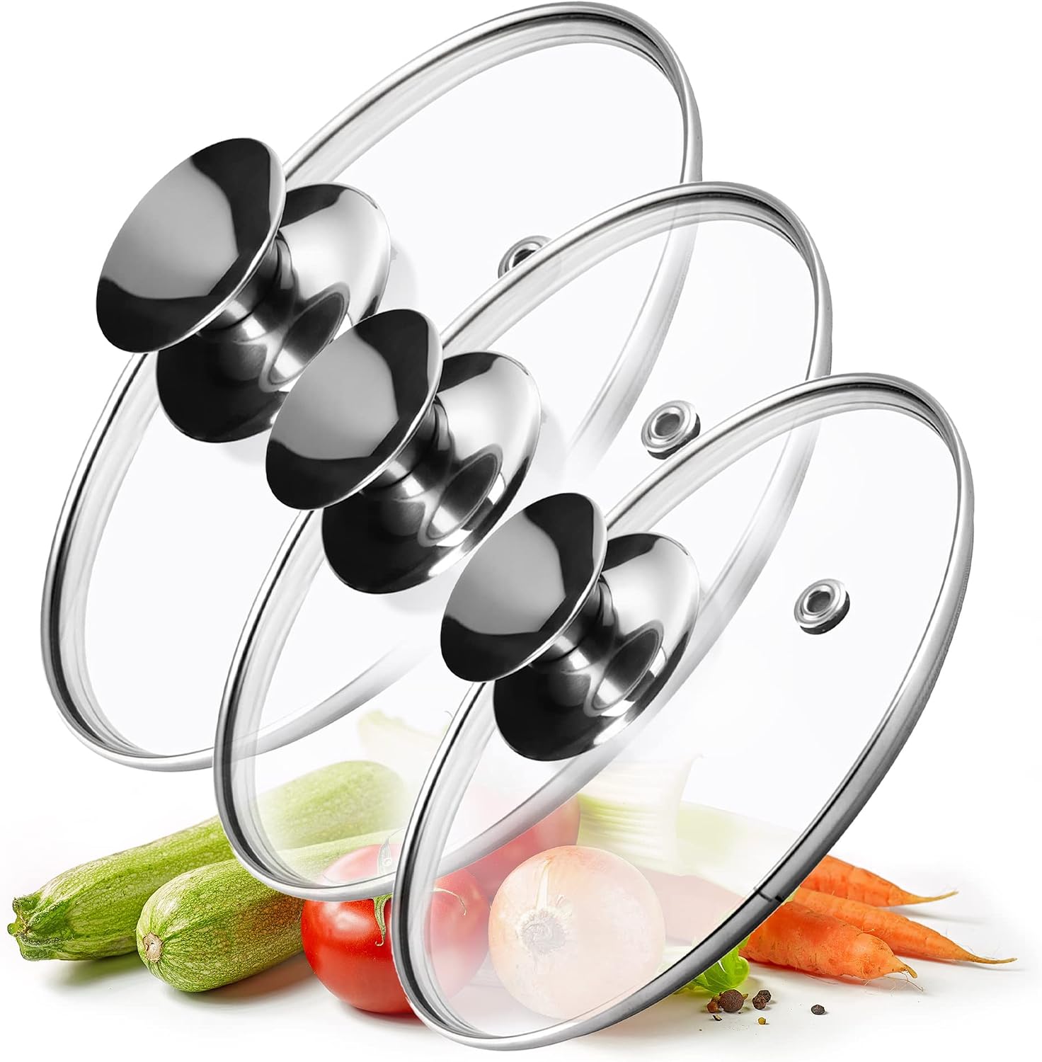 KADAX Set of 3 Glass Lids Pot Lids 16/18/20 cm with Silver Handle Heat-Resistant Universal Lid for Pot and Pan Cooking Less Splash Keeps Heat