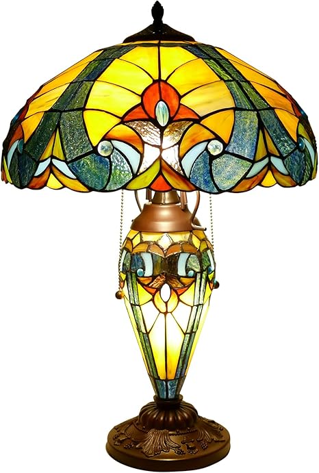 VirtueKing Tiffany Lamp Blue Yellow Stained Glass Lamp Heart Style Table Lamp Mother-Daughter Style Table Lamp 16X16X24 Inch Antique Desk Light Decor for Bedroom Living Room Home Office