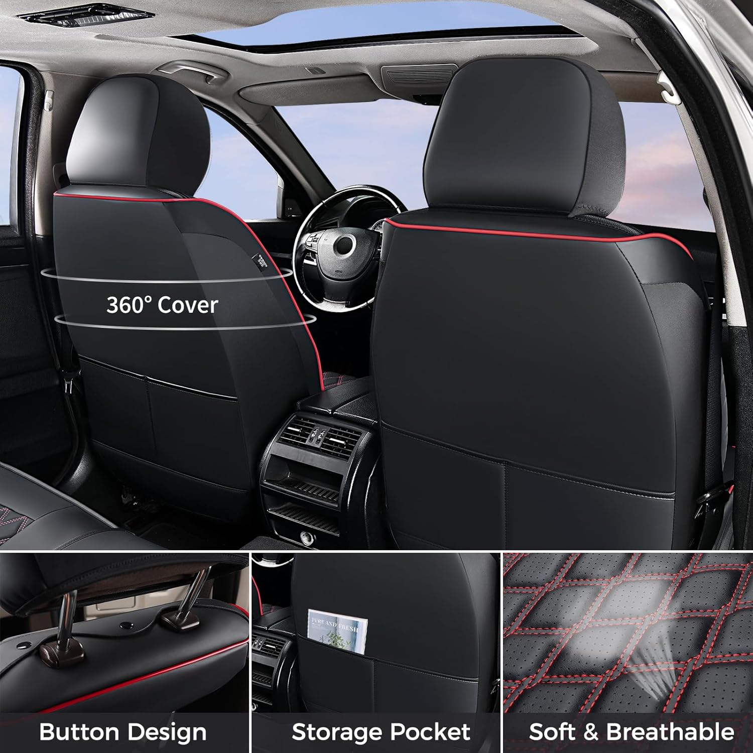 Huidasource Wrangler JK Seat Cover 4 Door, Leather Custom Car Seat Covers, Front&Rear Seat Cushion Protector Fit for Jeep Wrangler JK 4-Door Sahara Sport Rubicon 2007-2017(Full Set/Black&Red)