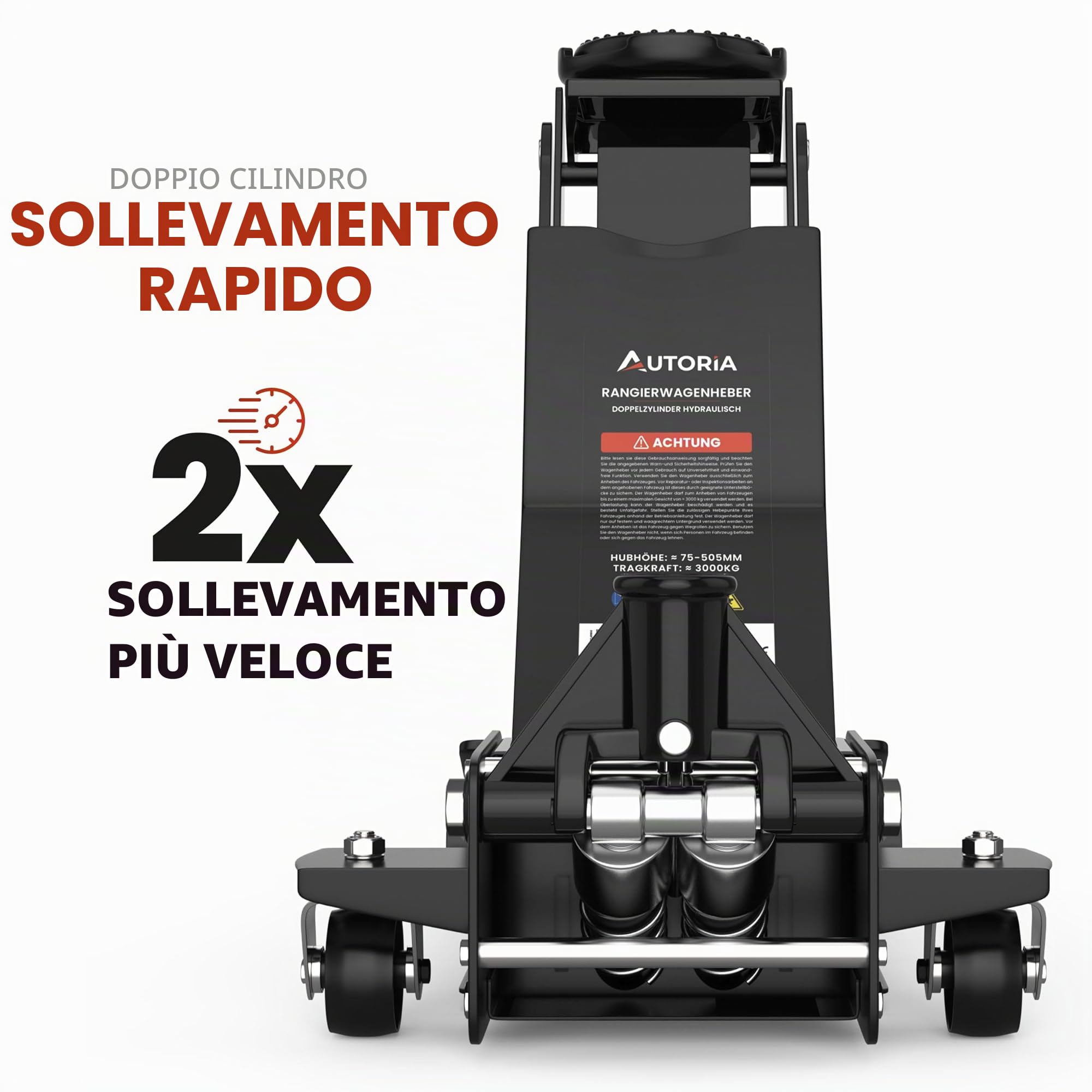 Cric idraulico 3T piatto, altezza di sollevamento 75-505 mm, con 2 cuscinetti in gomma, professionale per auto, ruote a 360°