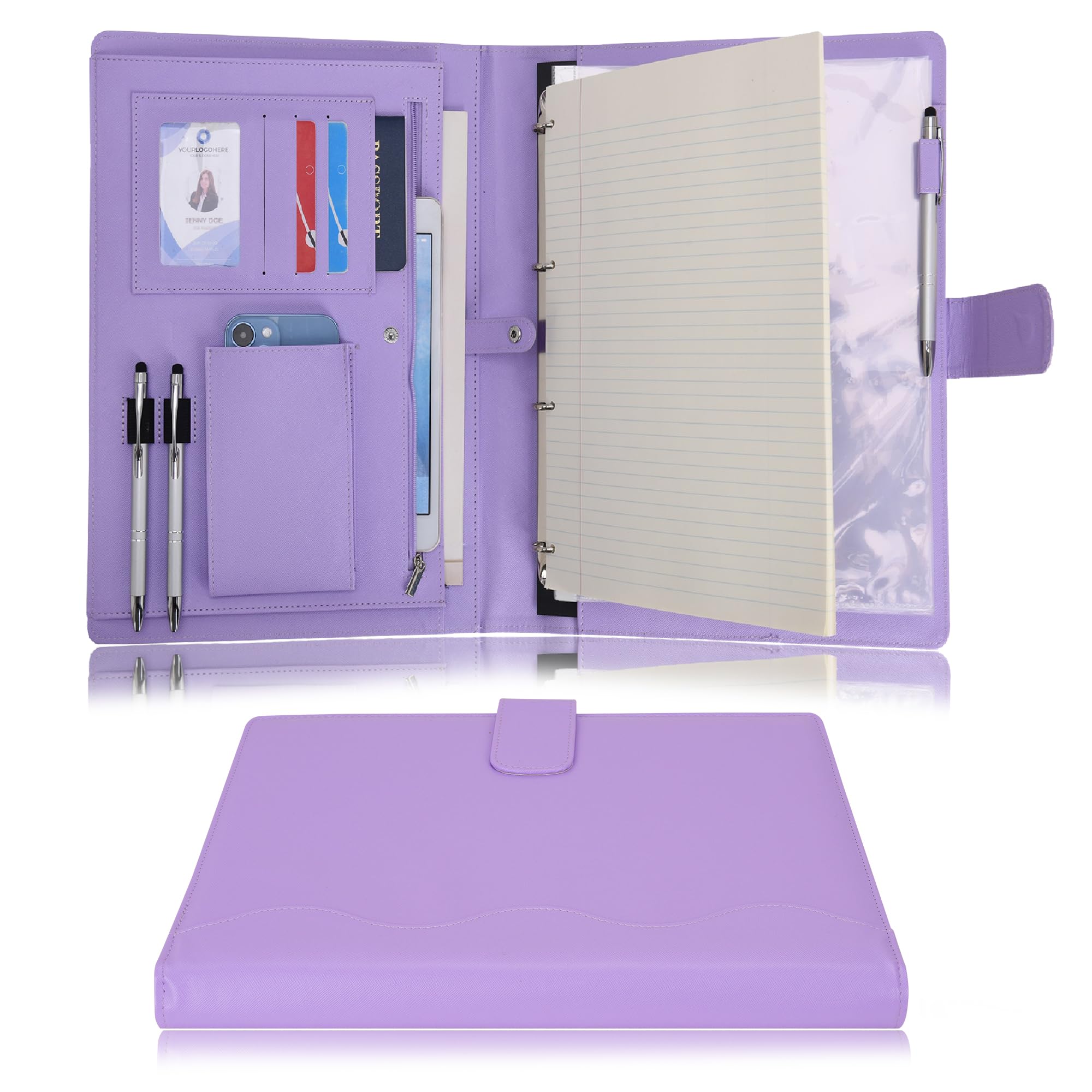 Wonderpool A4 PU Leather 4 Ring Holder Writing Portfolio Multi Document Case with Removable Binder Clipboard and Functional Pocket for Organizer Office Travel School (Purple)