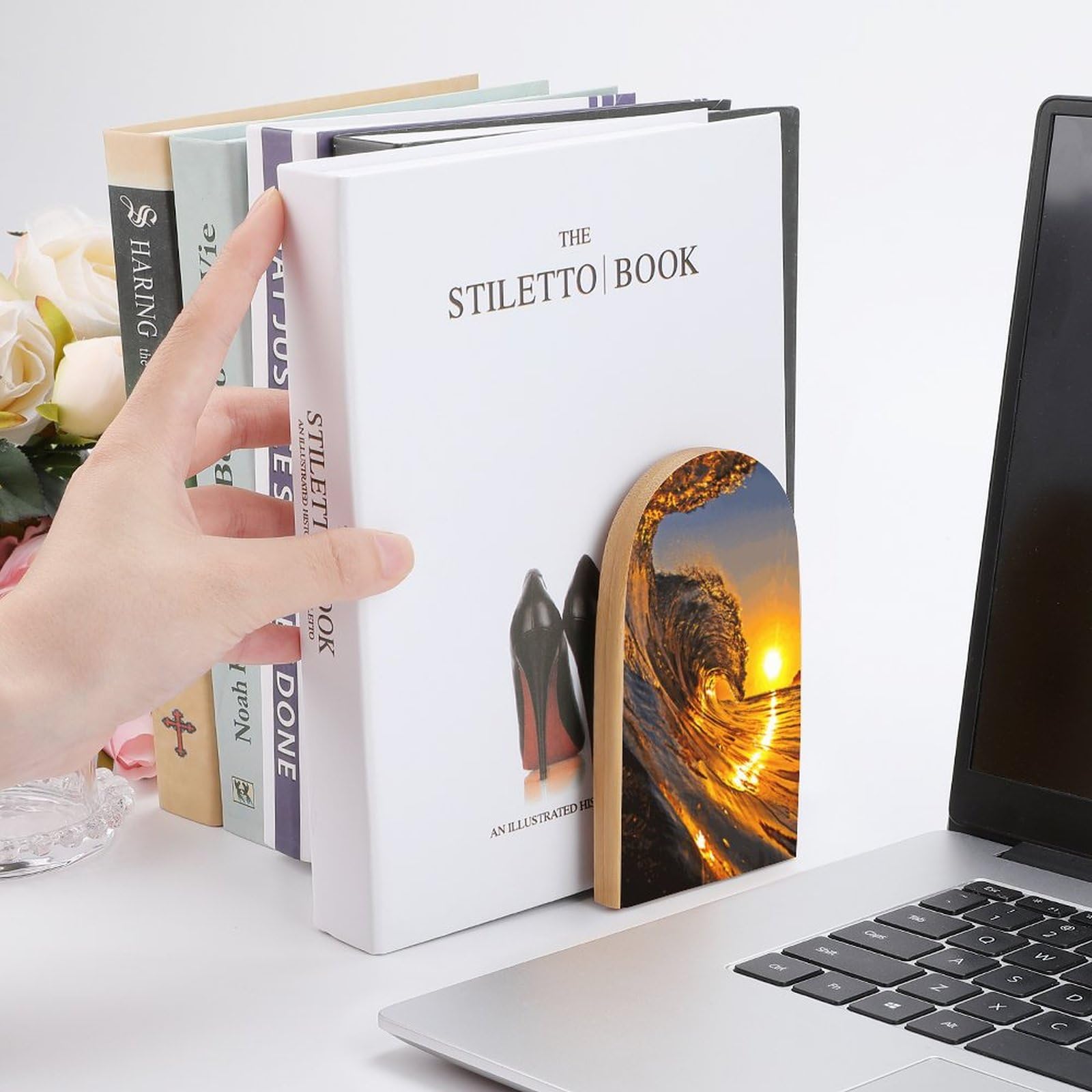 Amazon.co.jp: 海の波 ブックエンド木製本立て ブックスタンド ブック