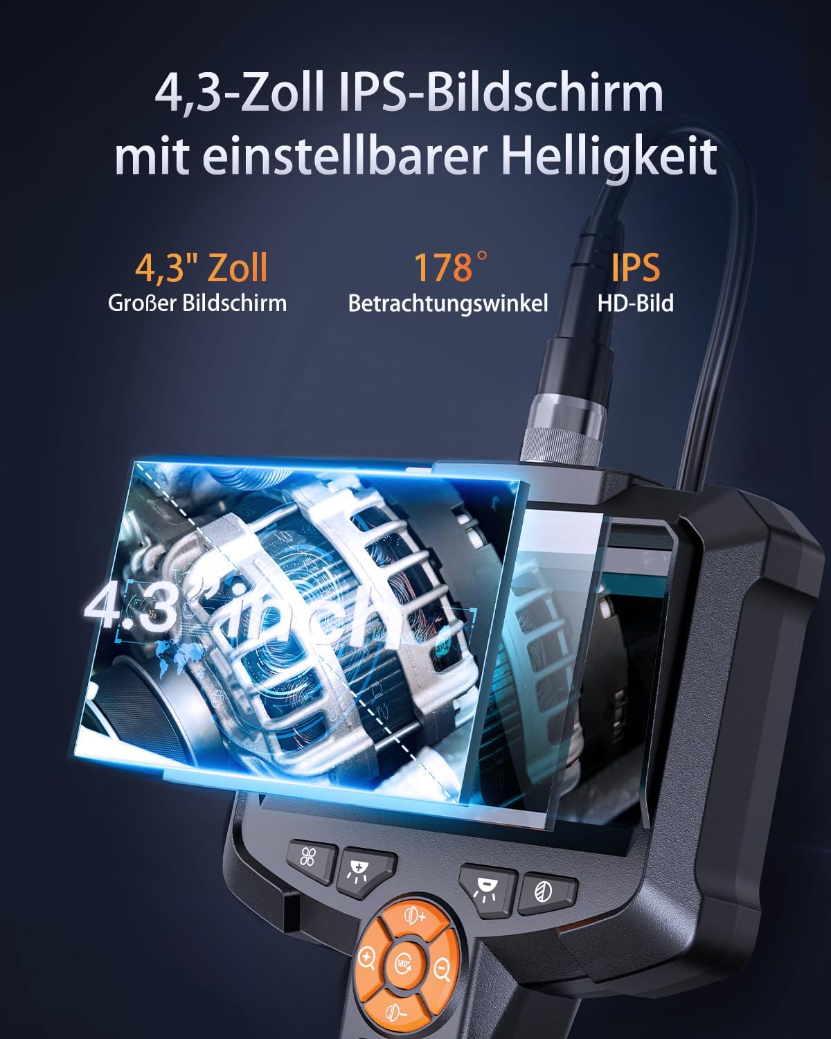 Dual Lens Endoskopkamera mit Licht, AOPICK 8mm IP67 wasserdichte Endoskop, 4.3" IPS Bildschirm Inspektionskamera, 1080P HD Rohrkamera mit 8 Einstellbaren LEDs, 16.5FT/5M Halbstarres Kabel
