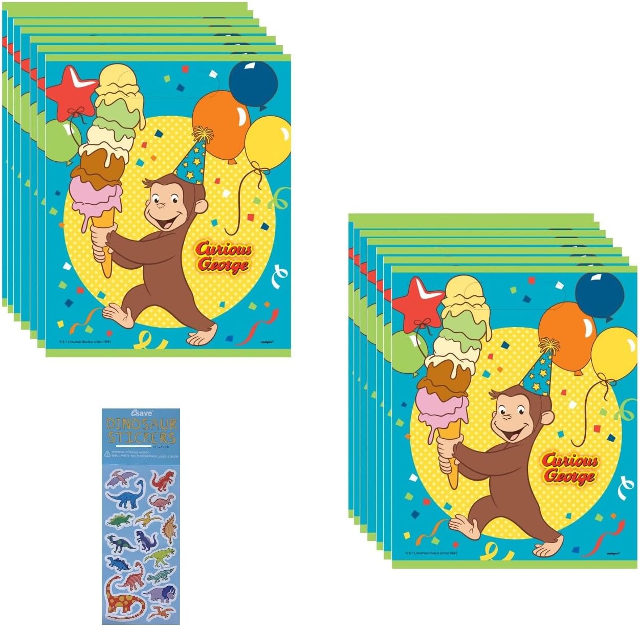 Unique Curious George Party Supplies Bundle includes 16 Plastic Loot Bags and 1 Dinosaur Sticker Sheet