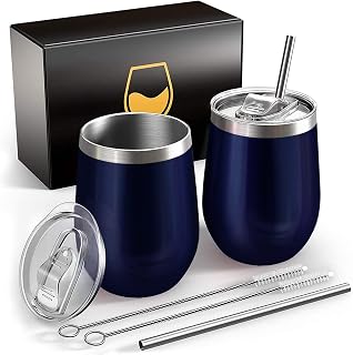 Weinbecher aus Edelstahl,2 Stück 12OZ Weingläser to go,hält 5h heiß/ 10h kalt,BPA-frei,Doppelwandigen Vakuumisoliert Weinglas,Camping Geschenk für Frauen,Dunkelblau