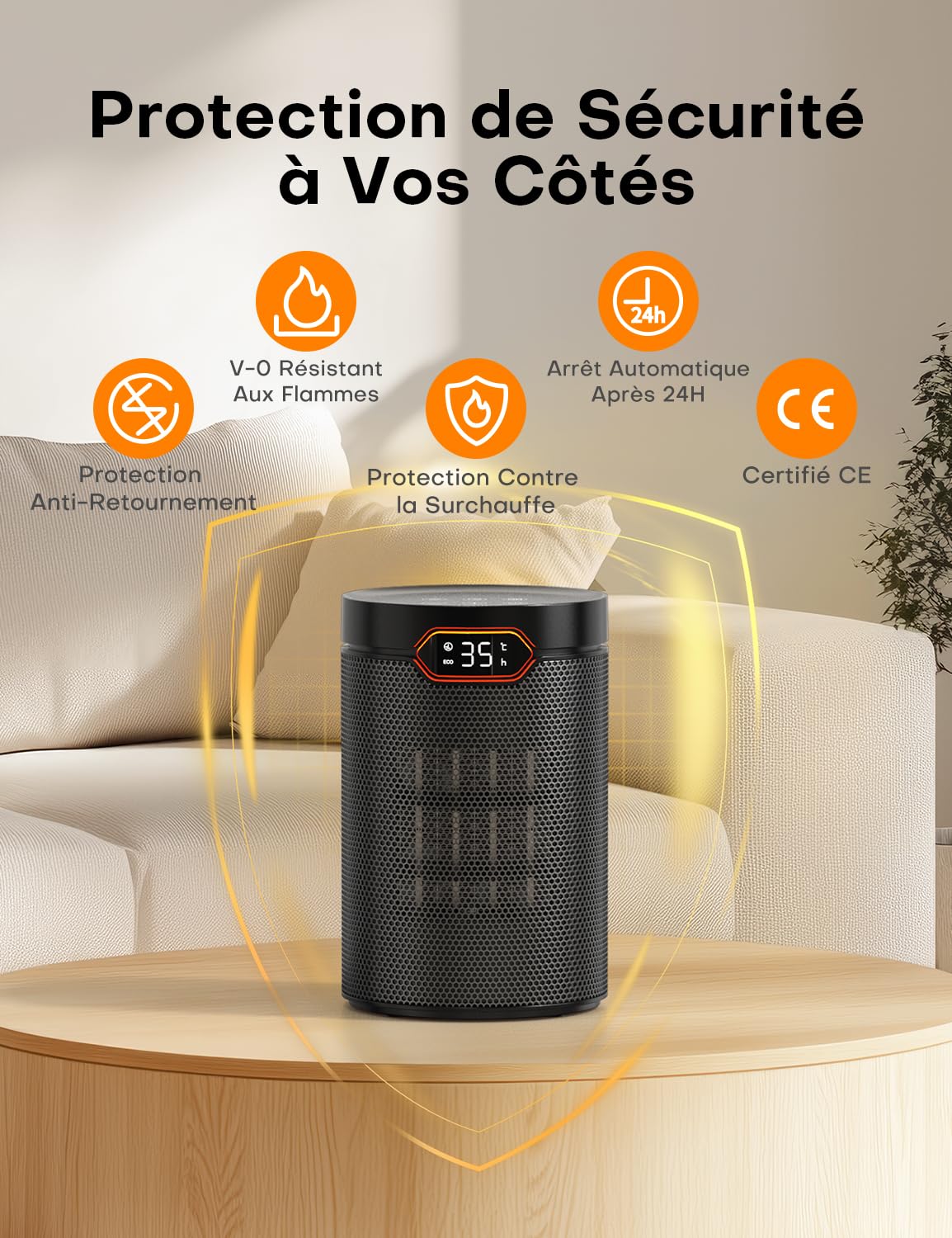QEXREED Chauffage d'appoint, Mode Éco, 1500W PTC, 4 Modes Chauffants, Mode Brise, Thermostat, Minuterie 24H, Télécommande, Protection Anti-Surchauffe & Chute, Portable & Silencieux pour Maison, Bureau