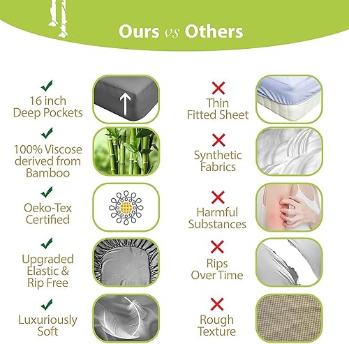 Vista 132 de BAMPURE - Juego de sábanas de 100 % viscosa de bambú, refrescantes, suaves, bolsillo profundo de hasta 16 pulgadas, 1 sábana encimera, 1 sábana Gris