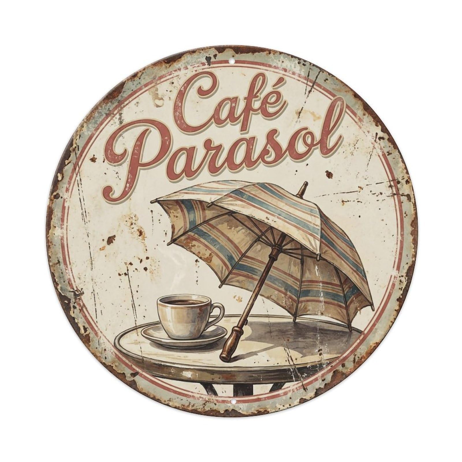 Parasol Shade Bistro Cafe Metal Tin Sign Plaque Wall Decor for Cafe, Club, Garden Round Metal Poster 8x8Inch