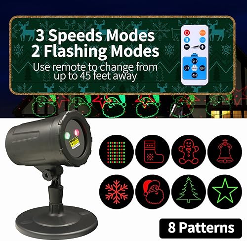 Miniatura 3 de Proyector de luces de Navidad para exteriores con control remoto y temporizador adicional, 8 patrones festivos rojos y verdes, luz láser de Navidad