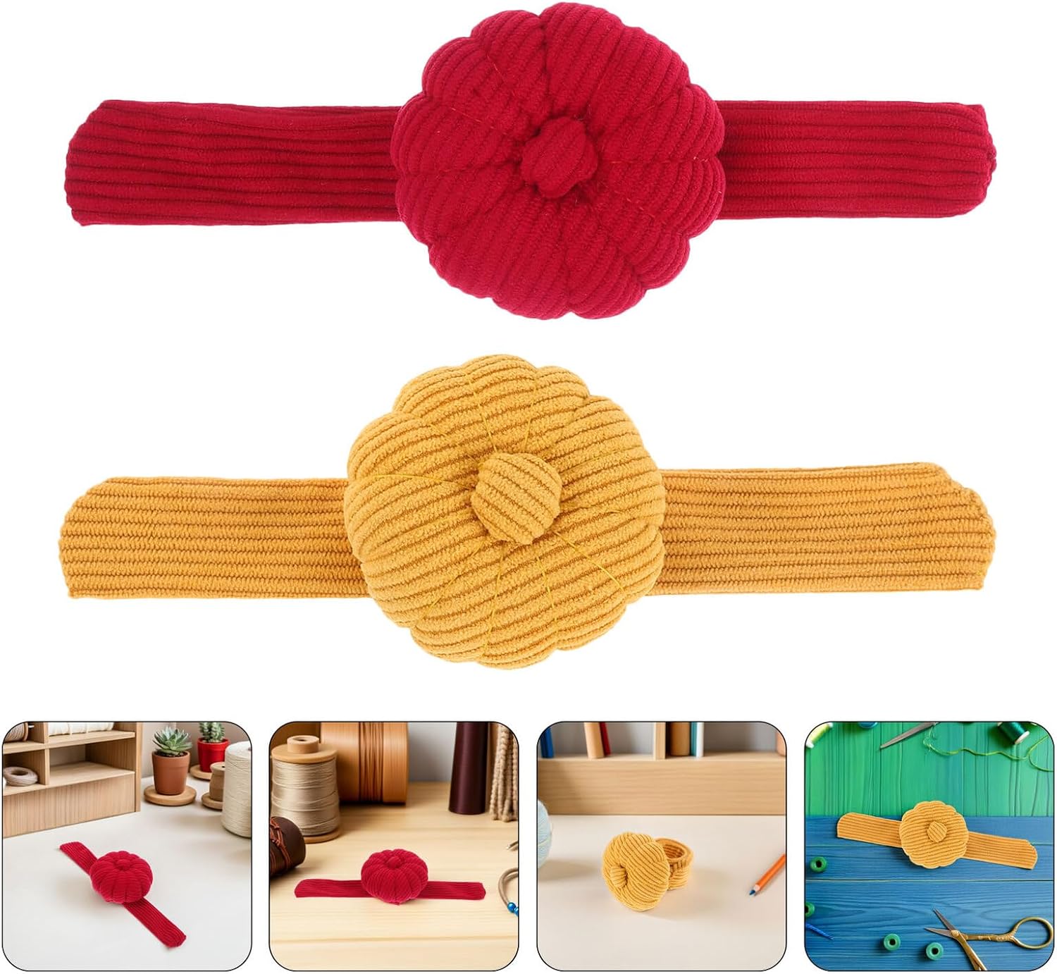IDEANATEGRATE 2pcs Pumpkin Wrist Pin Cushions Sewing Pin Holders Slap Bracelet Pincushions for Needlework Knitting and Embroidery, Red and Dark Yellow, Portable Sewing Accessories for Seamstress
