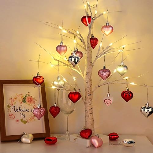 Miniatura 5 de Ivenf Decoraciones para el día de San Valentín, decoración de corazón, 36 piezas de adornos de plástico rojo, plateado, rosa, blanco, árbol de