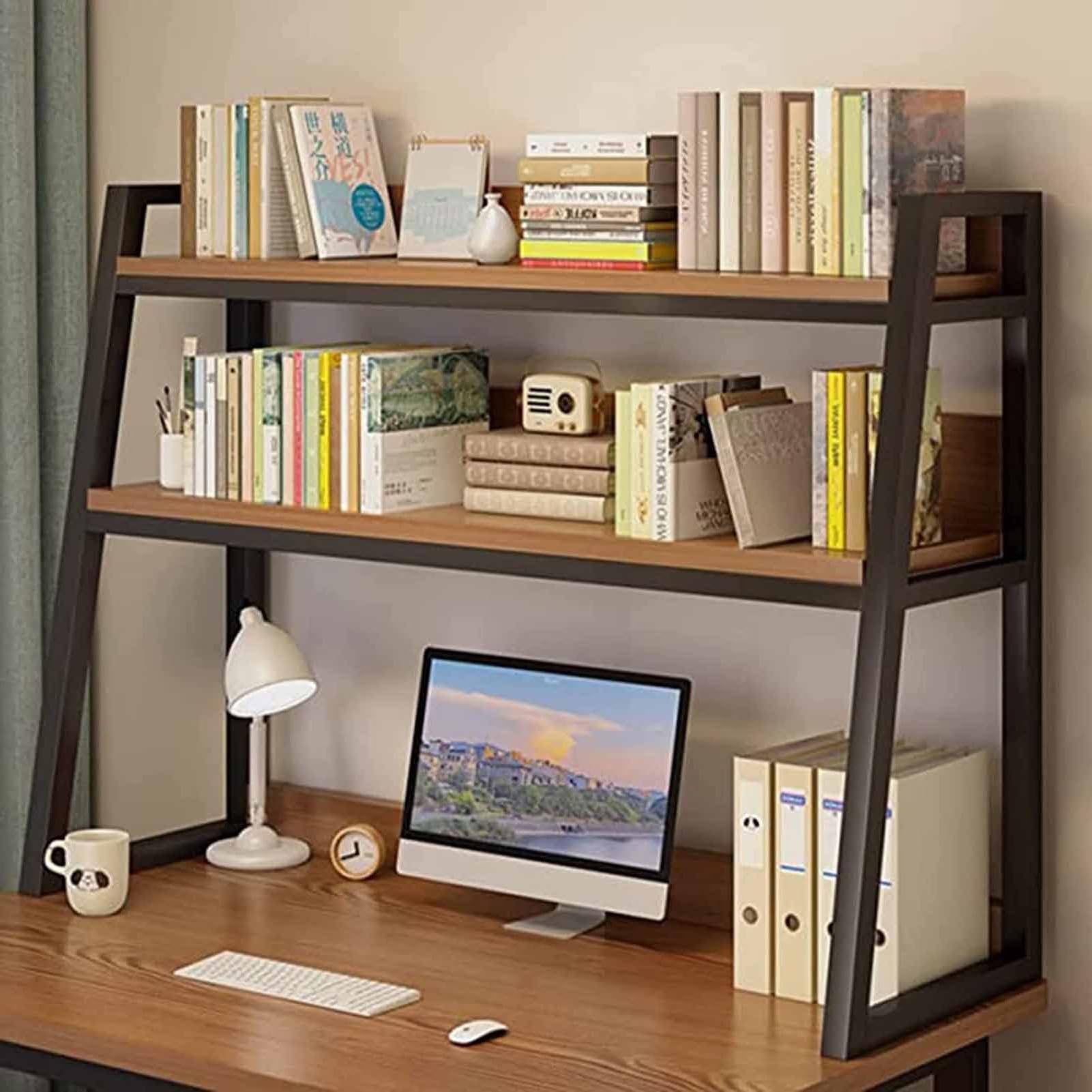 ASerZenith Desktop Bookshelf 2-Tier Desktop Bookshelf - Desktop Bookshelf, Adjustable Display Shelf Rack Organizer, Solid Wood Computer Desk Bookcase,