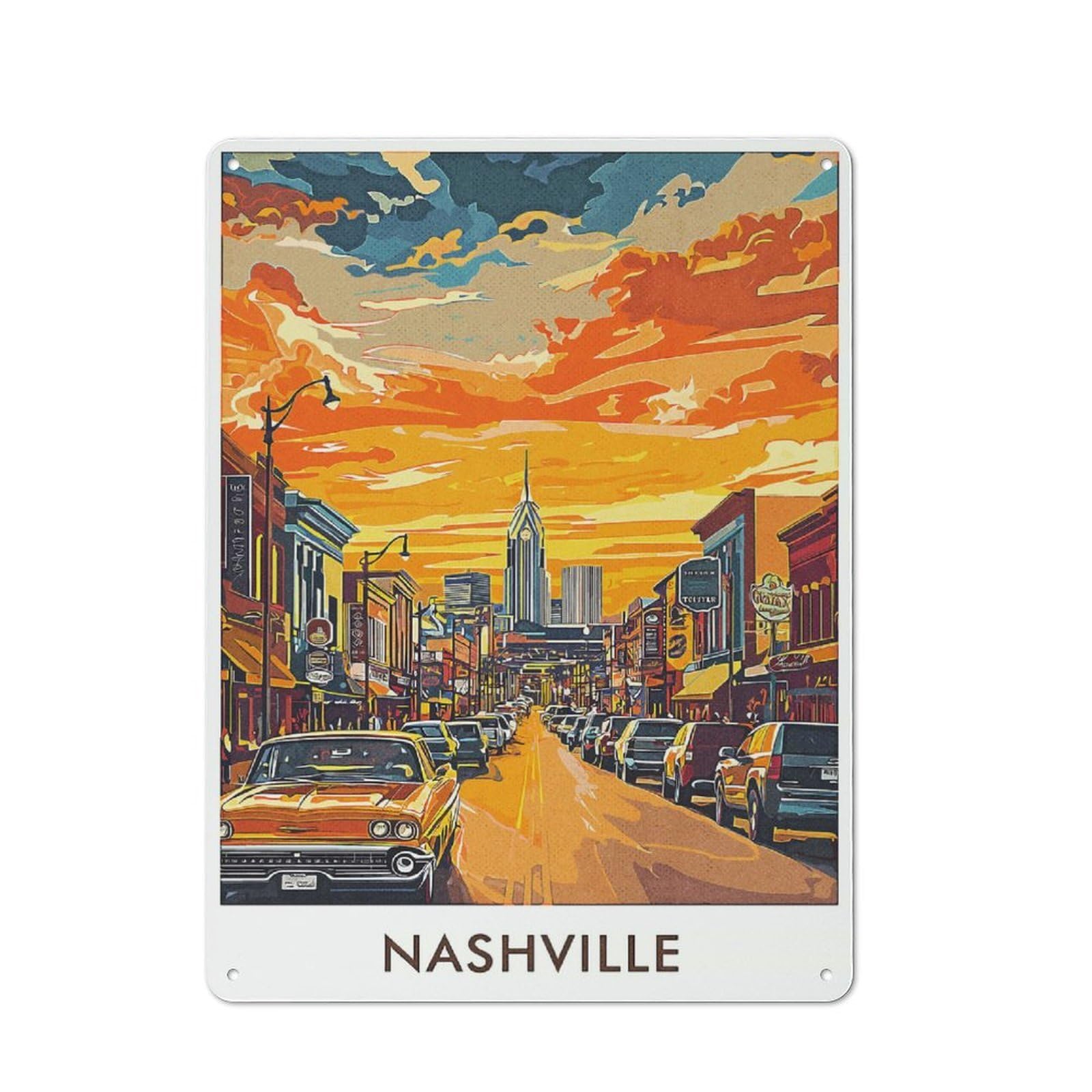 Junmoney Style Creative Nashville Cityscape Sunset Metal Desk Wall Sign 40X30cm, Study Room Decor For Home Office, Reading Corner Or Bedroom
