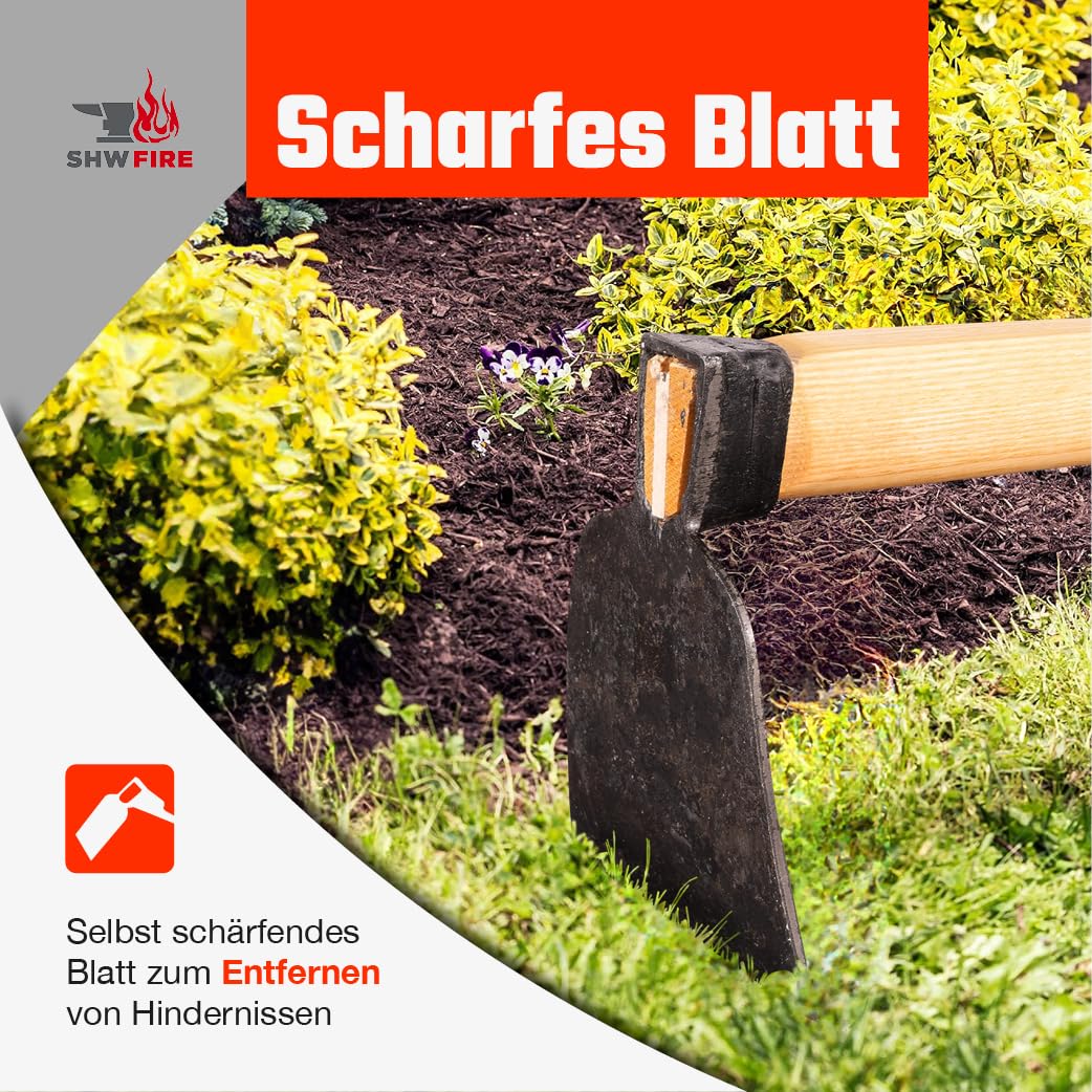 SHW-FIRE Harzer Kronenhacke – Gartenhacke mit 135 cm Holzstiel – Handgeschmiedet, robust & scharf – Ideal zum Wurzelentfernen & Bodenlockern – Made in Germany