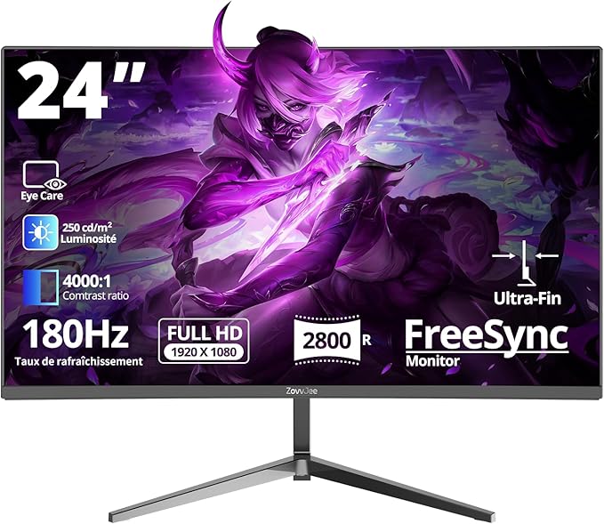 Écran PC Gamer Courbé 24 Pouces 180Hz - Résolution FHD 1080p, Temps de Réponse 1ms, FreeSync, 100% sRGB, Bordure Ultra-Fine, Angle de Vue 178°, HDMI/DisplayPort, Mural VESA 75x75mm - Noir