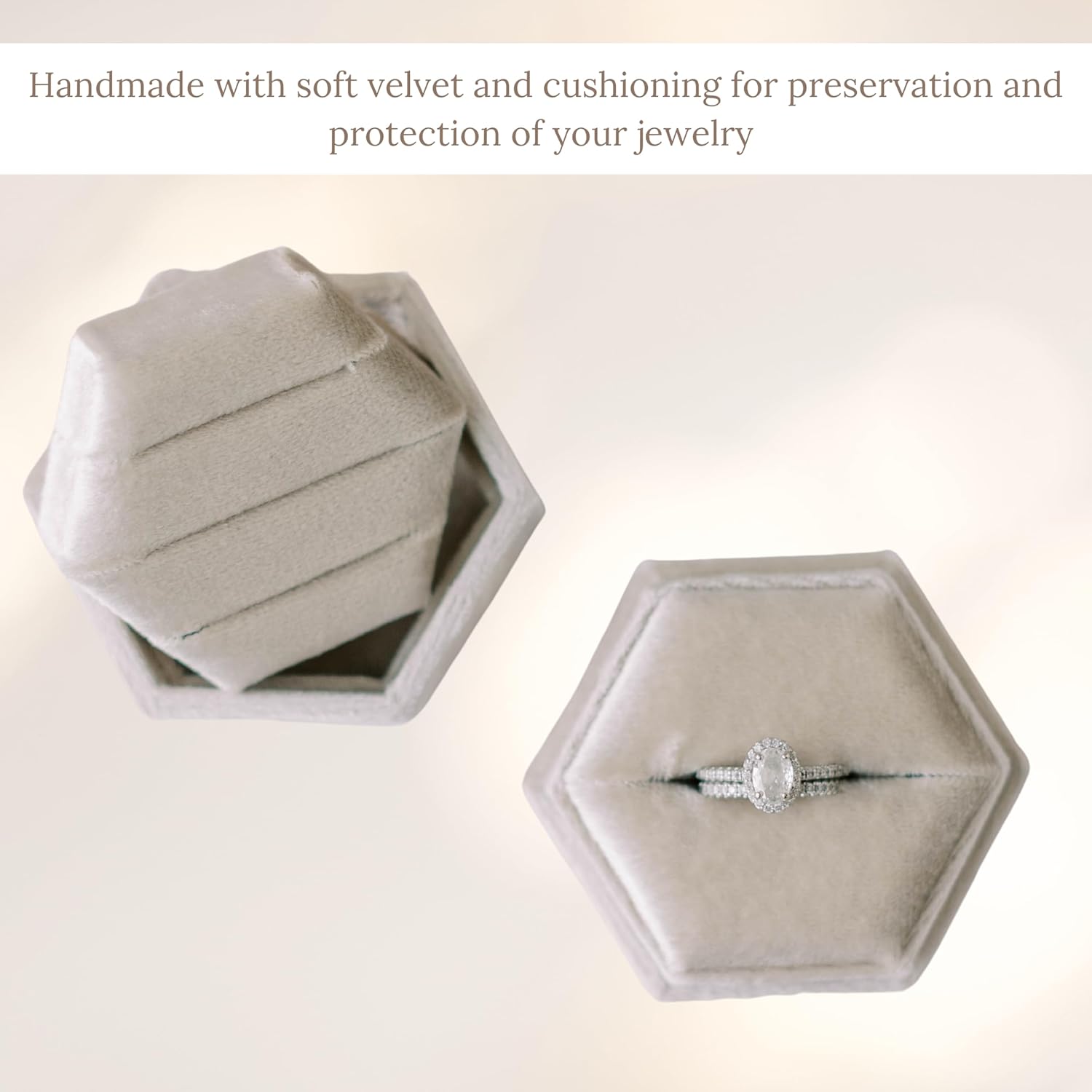 Wed & Whimsy Velvet 2-in-1 Elegant Champagne Engagement or Wedding Day Ring Box with 3 Slots or Single Slot | Hexagon Wedding Ring Box for Ceremony or Proposal Beige/Gold