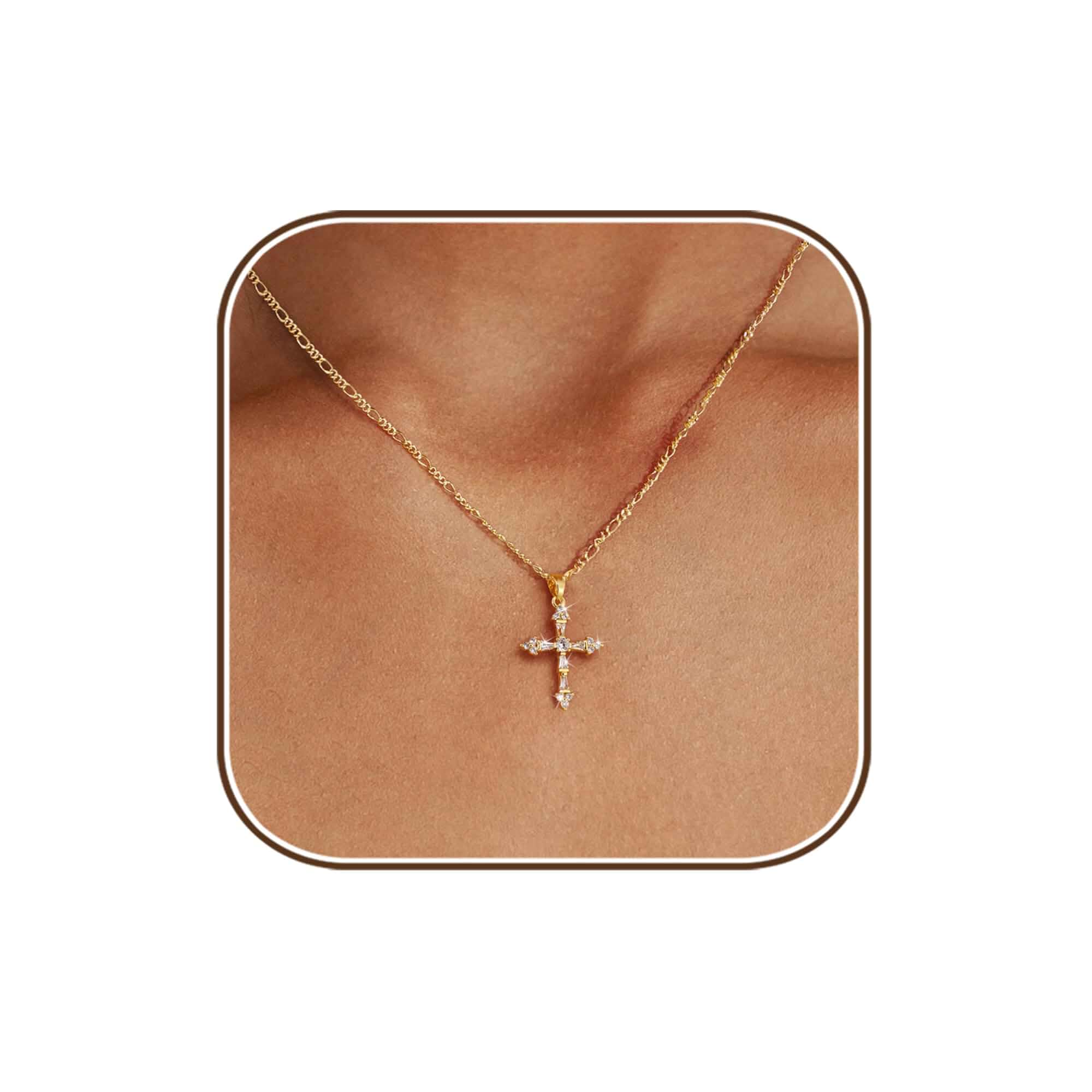 Cross Necklace for Women,14K Gold Plated Cross Pendant Necklace Jewelry Dainty Gold Cross Charm Necklaces,Box Figaro Beads Chain,Non Tarnish Trendy Christian Faith Jewelry,Small Simple Cute Gifts