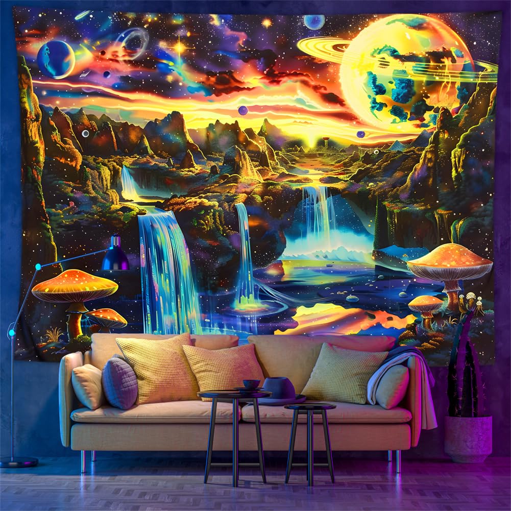 YHXBD Arazzo Blacklight Waterfall Galaxy, Arazzo Reattivo Ai Raggi UV Che Si Illumina Al Buio Poster Fantasy Mountain Wave Funghi Piante Da Appendere Alla Parete Per Camera Da Letto,A-02,150 * 150 Cm