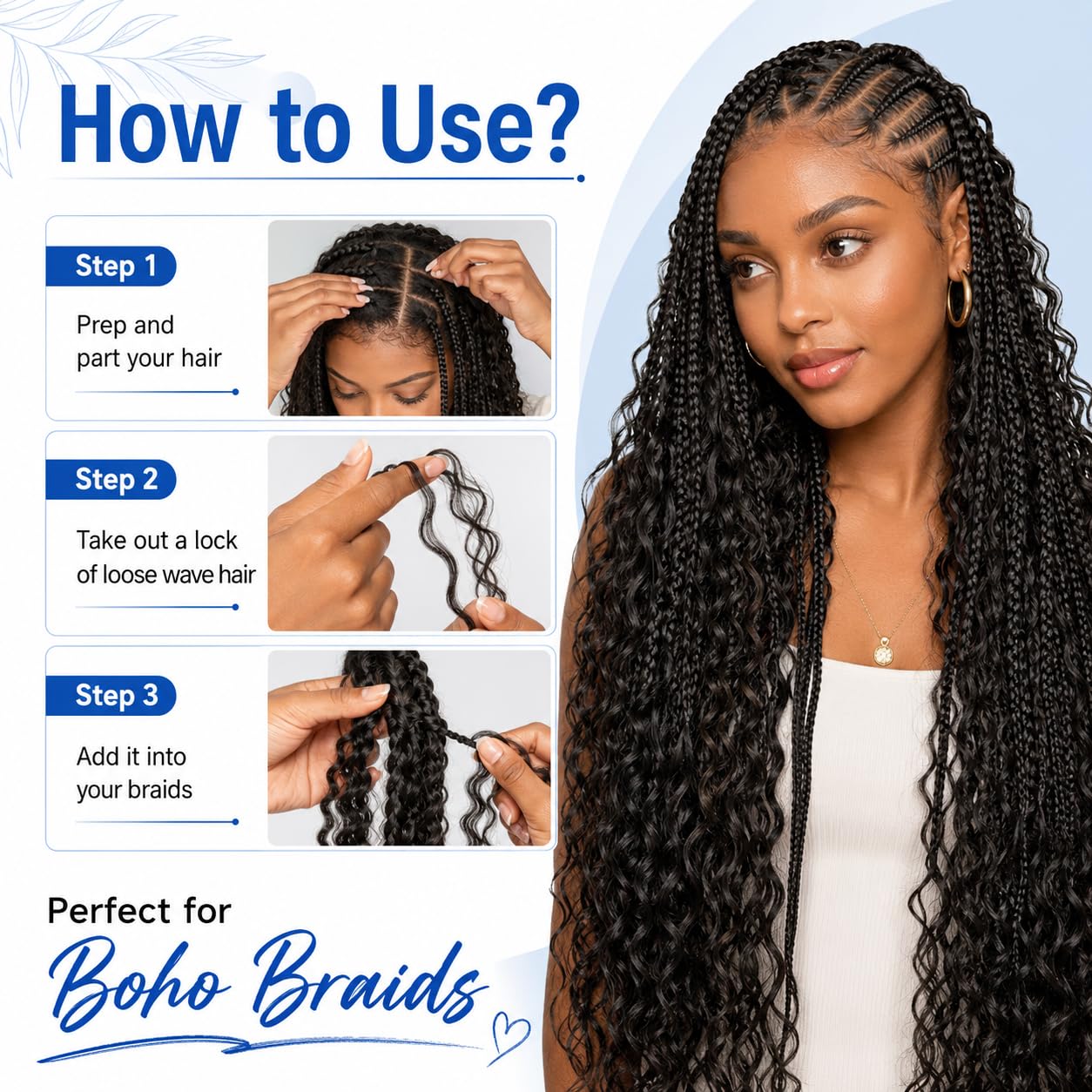 Human Braiding Hair for Boho Braids, Deep Wave Bulk Human Hair for Braiding, Wet and Wavy Curly Hair for Knotless Braids, Bohemian Braiding Hair 3Bundles Natural Color #1B 18 Inch