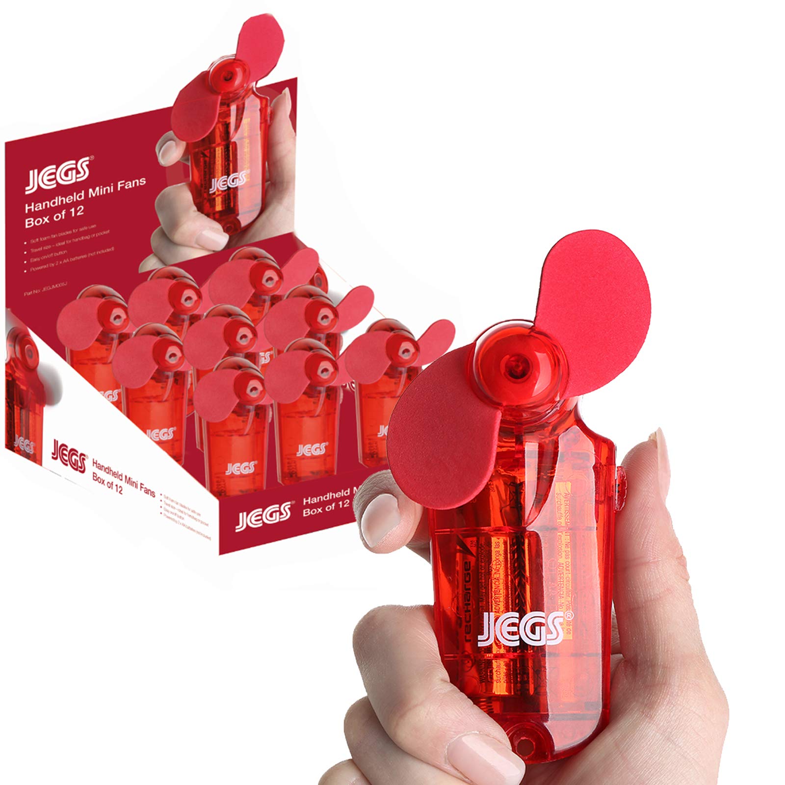 JegsRed Mini Portable Pocket Sized Hand Held Cooling Fan with Foam Blades - Box Of 12 Translucent in Red