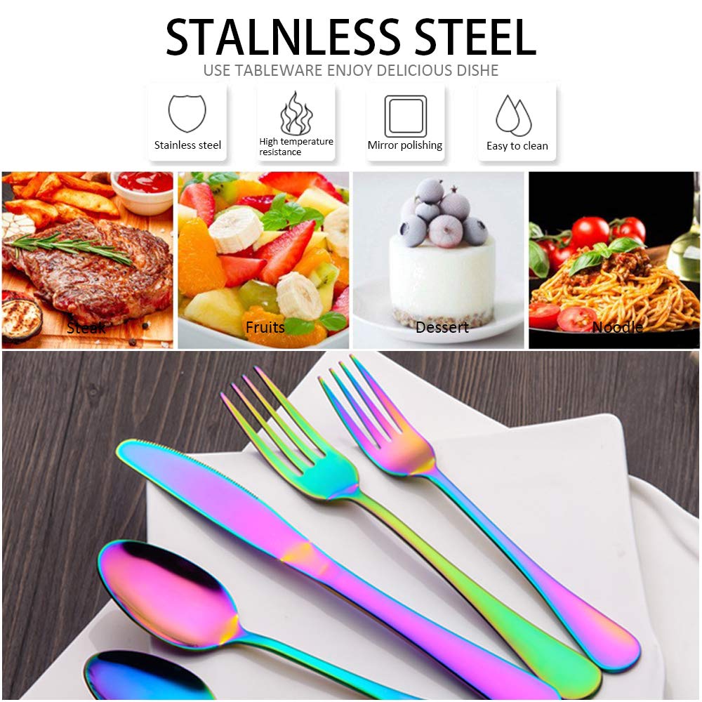 Set de Couverts de Table - 20 pièces Set de Coutellerie en Acier INOX, y Compris Couteau/Cuillère/Fourchette, Convient au Camping avec Cuisine, Service pour 4 Personnes, Multicolore