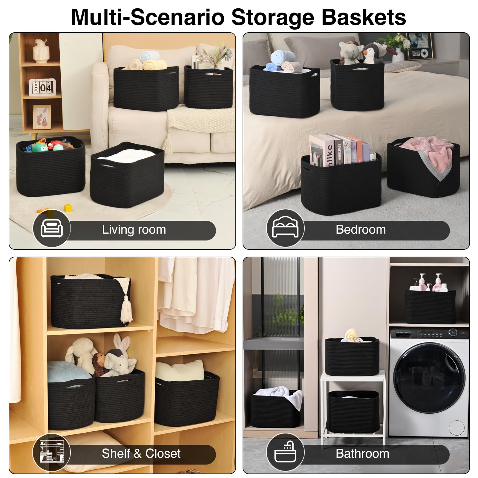 ICERZCZ Aufbewahrungskörbe für Organisation und Regale, gewebtes Baumwollseil, Organisationsbehälter für Hundespielzeug, Kleidung, Bücher, Kinderzimmer, 38,1 x 27,9 x 24,9 cm (L x B x H), 4 Packungen