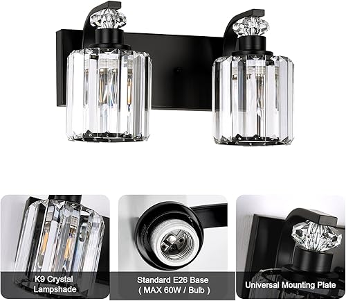 Miniatura 3 de Lámparas de baño negras con pantalla de cristal K9, iluminación de baño sobre espejo, luces de tocador para sala de estar, dormitorio, baño,