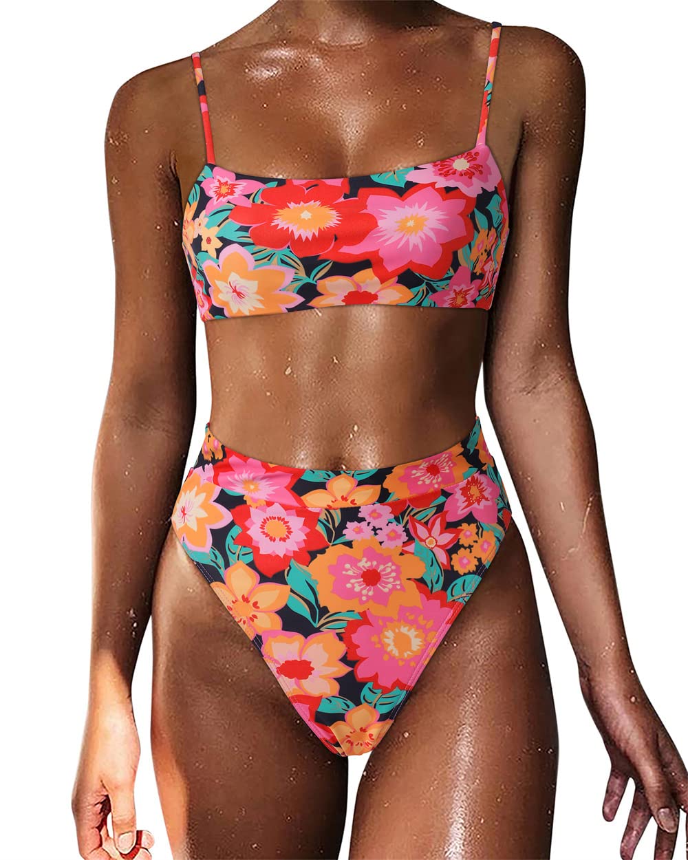 MOSHENGQIWomen High Wasited Bikini Shoulder Strap 2 Piece High Cut String Swimsuits