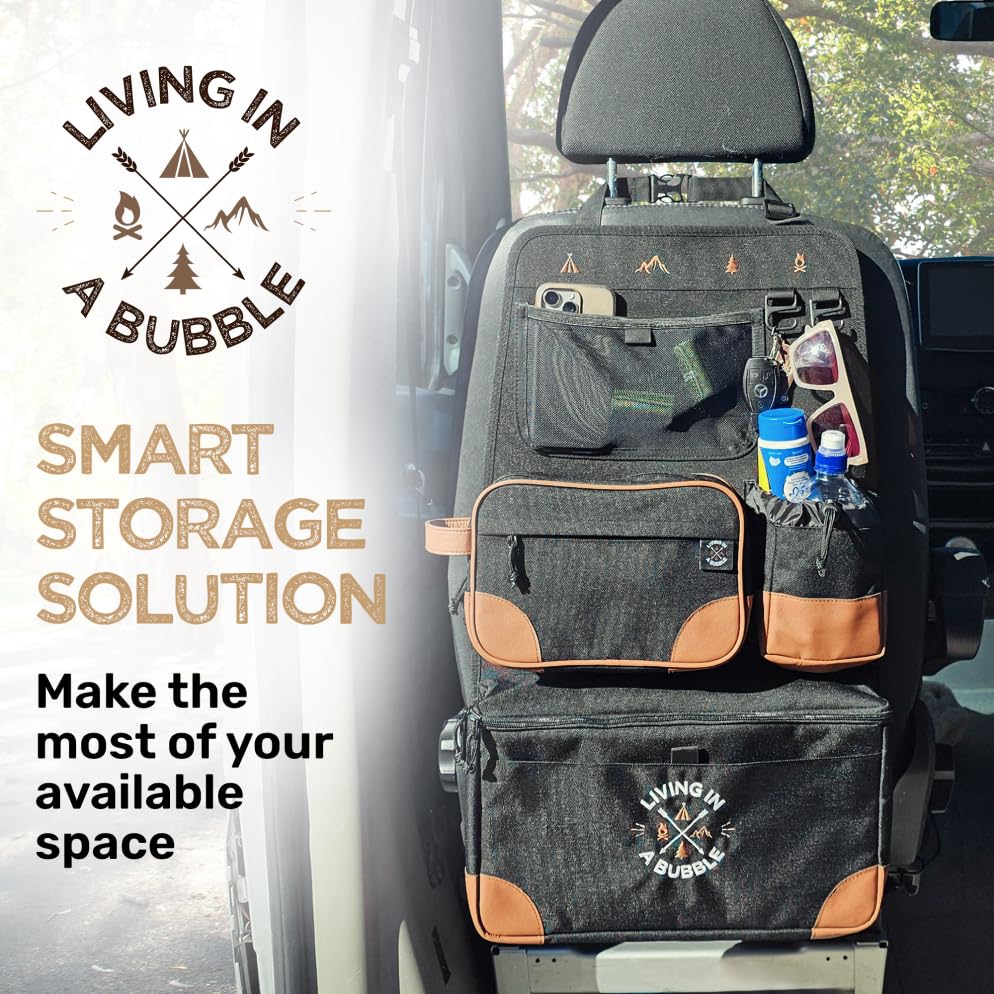 Image of Living in a Bubble Seat back Organizer - Magnetic Toiletry and Cooler Pouch, Cordura Car Backseat Storage with Device Holder & Hooks, Multi-Compartment Utility Bag for Campervans & Family Travel